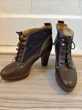 rag & bone Brown Leather and Denim Fabric Lace-Up Heeled Boots